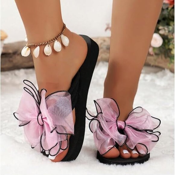 Women's Bow Flip Flops Beach Flats Sandals - Picture 2 of 5